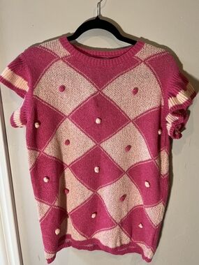 Impressions Pink and Cream Argyle Pom-Pom Short Sleeve Sweater
